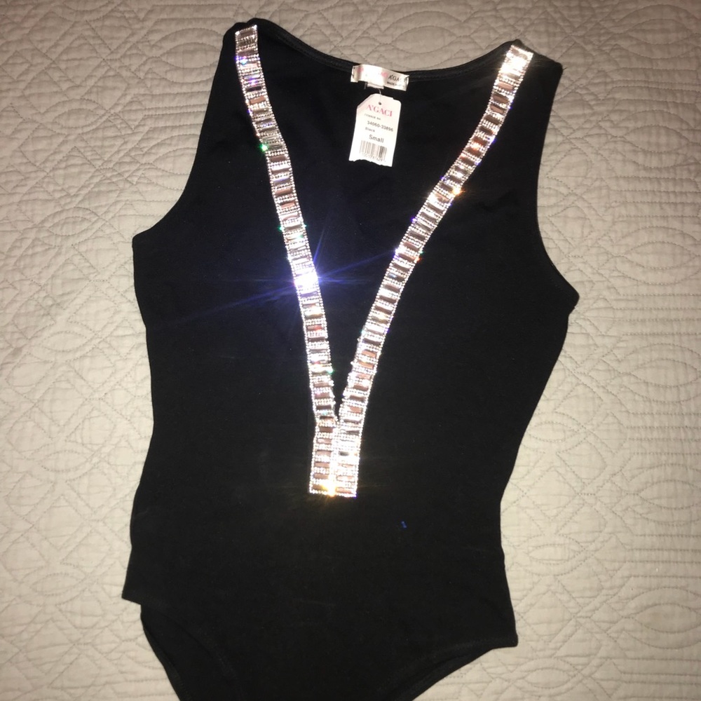 Plunging rhinestone black bodysuit